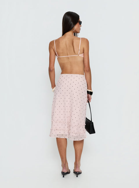 back view of model wearing Princess Polly Clarabella Frill Midi Skirt Pink Polka Dot Midi Skirts 