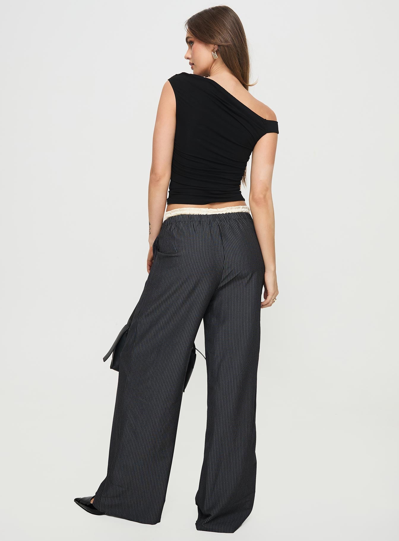back view of model wearing Princess Polly Seraphic Pants Charcoal Stripe High Waisted Pants 