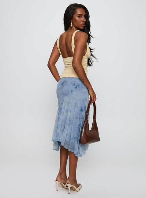 back view of model wearing Princess Polly Summer Rain Asymmetrical Midi Skirt Blue Midi Skirts Skirts 