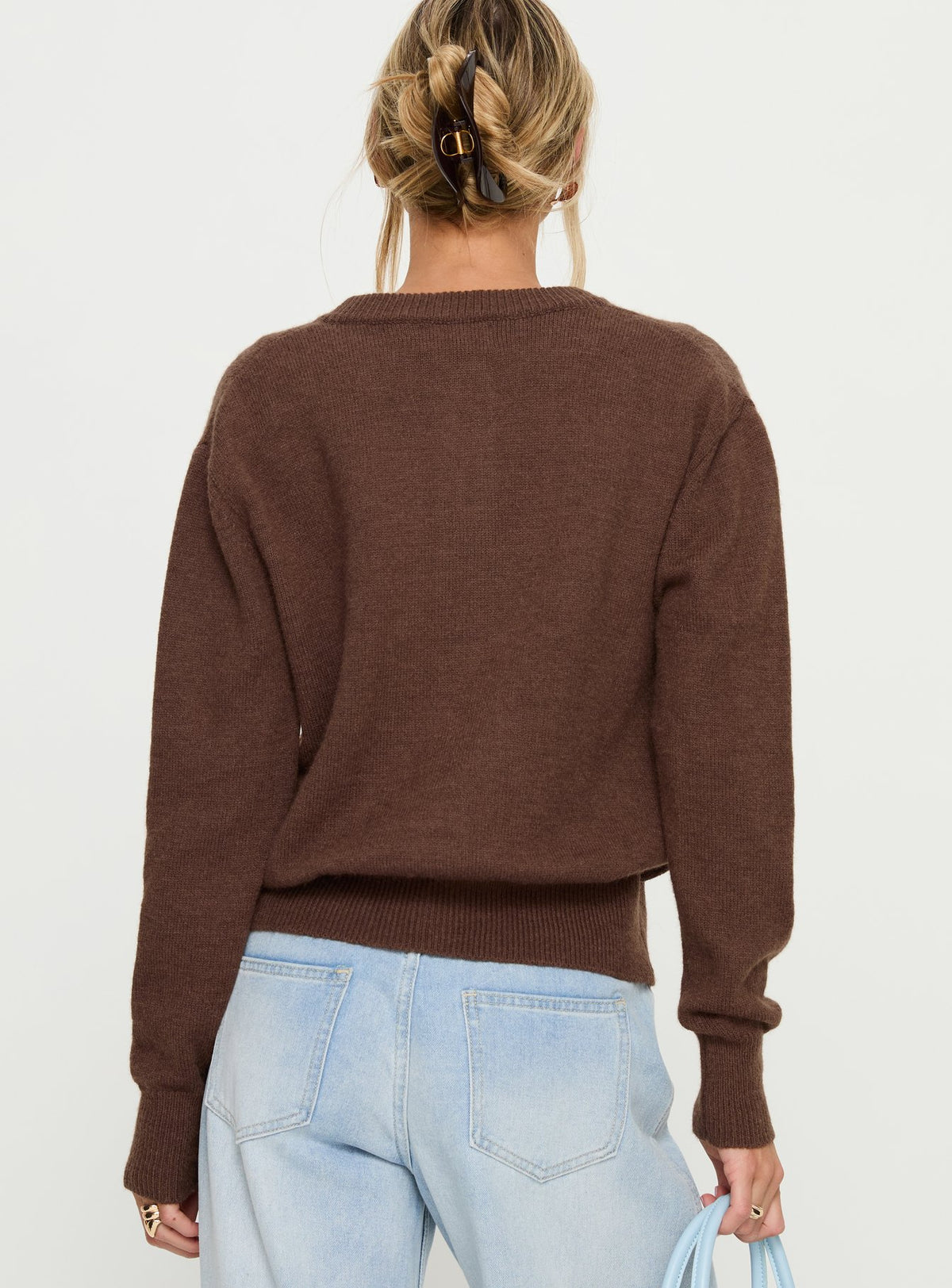 back view of model wearing Princess Polly Melancholia Cardigan Chocolate regular Jumpers 