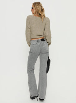 back view of model wearing Princess Polly Magic Mirror Mid Rise Bootleg Jeans Washed Grey Mid Rise Jeans Jeans 