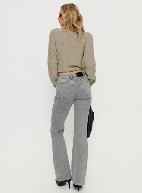 back view of model wearing Princess Polly Magic Mirror Mid Rise Bootleg Jeans Washed Grey Mid Rise Jeans Jeans 
