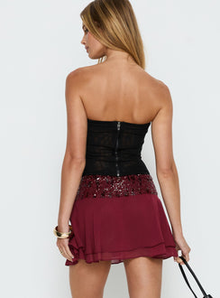 back view of model wearing Princess Polly Zenayda Drop Waist Sequin Mini Skirt Burgundy Mini Skirts 