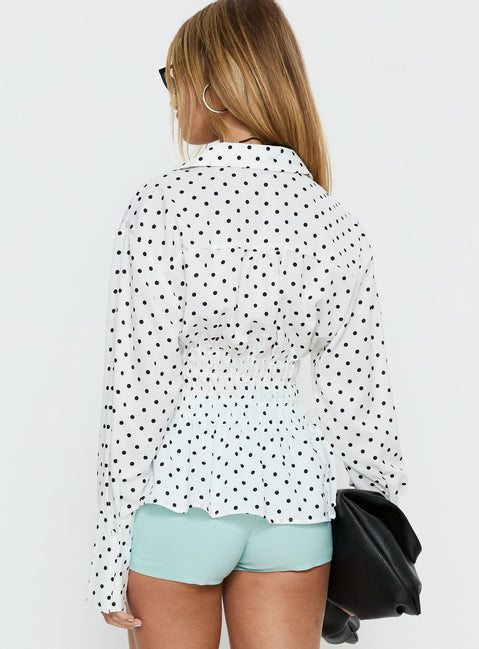 As You Are Shirred Button Up Top White Polka