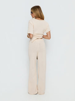 back view of model wearing Princess Polly Calisse Knit Wide Leg Pants Beige High Rise Pants 