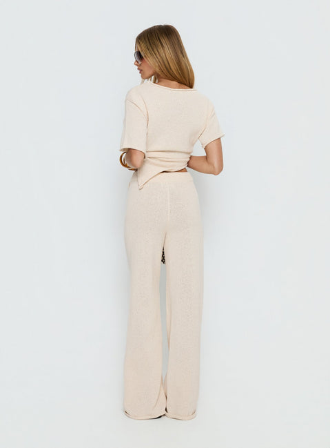 back view of model wearing Princess Polly Calisse Knit Wide Leg Pants Beige High Rise Pants 