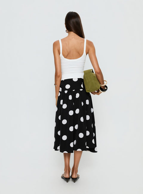 back view of model wearing Princess Polly Picture It Midi Skirt Black Polka Dot Midi Skirts 