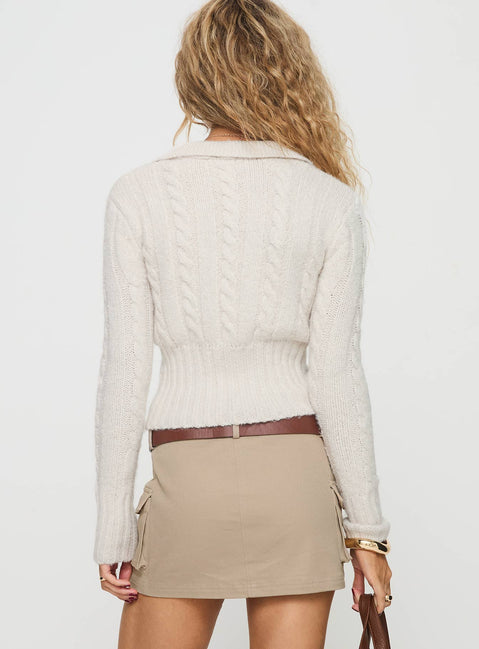 back view of model wearing Princess Polly Jeller Zip Front Knit Sweater Beige Cropped Jumpers Jumpers 