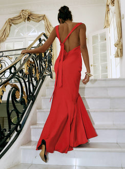back view of model wearing Princess Polly Forbidden Feelings Maxi Dress Red Boat Neck 
