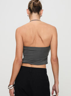 back view of model wearing Princess Polly Catalyst Asymmetrical Top Slate Sleeveless Asymmetric Neckline 