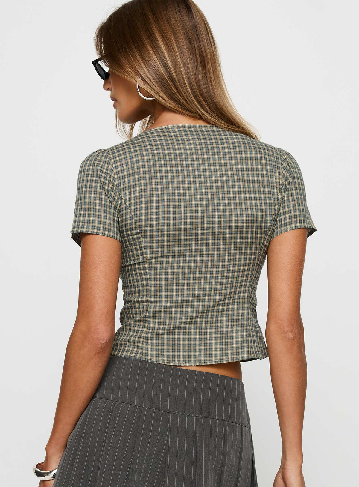 back view of model wearing Princess Polly Isolda Top Multi Check Short Sleeves Plunger 