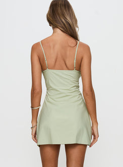 back view of model wearing Princess Polly Aruba Embroidered Mini Dress Sage Plunger 