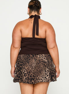 back view of model wearing Princess Polly Tejano Mini Skirt Leopard Curve Mini Skirts 