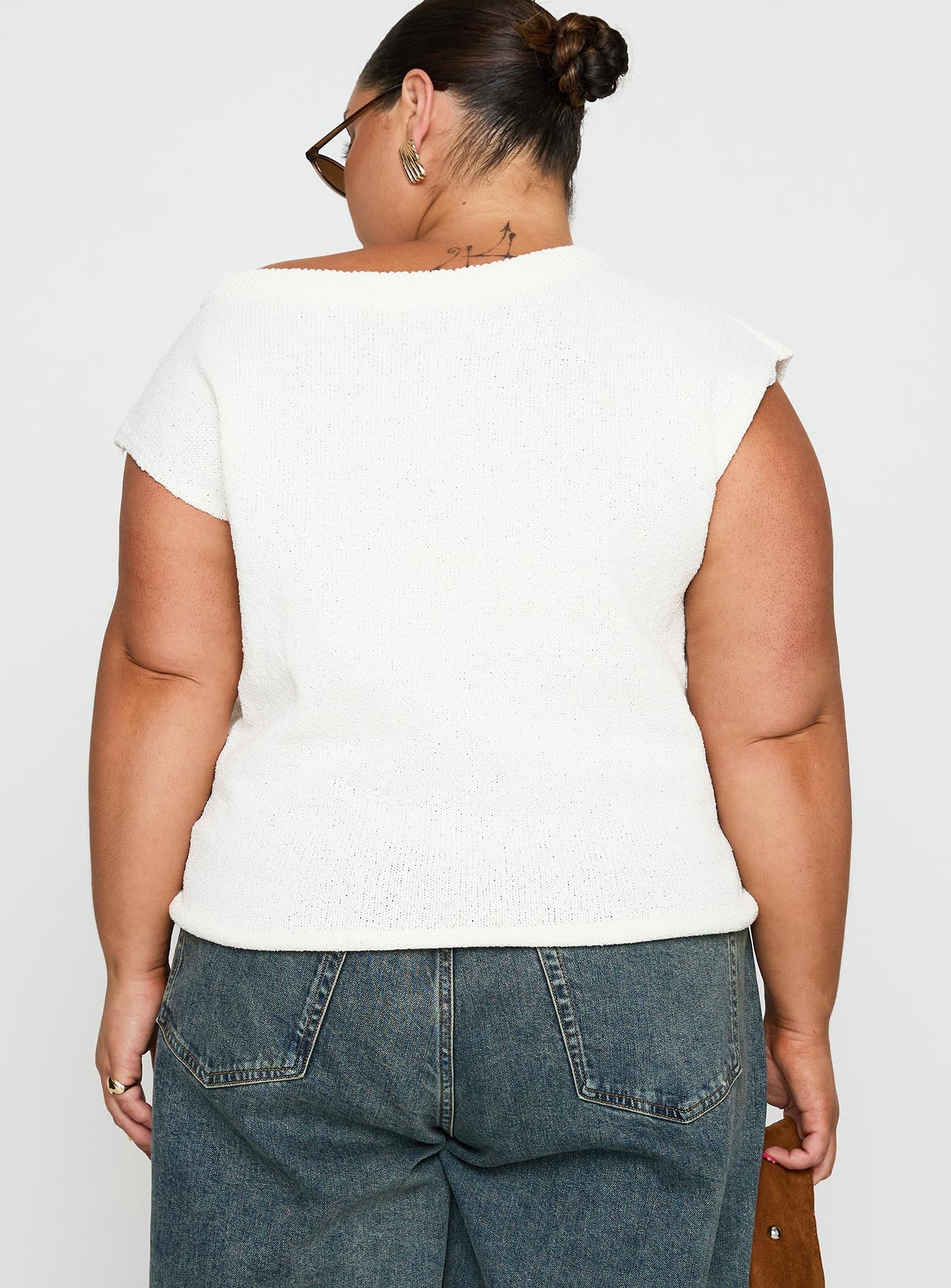 back view of model wearing Princess Polly Ashfield Off Shoulder Top White Curve Short Sleeves Asymmetric Neckline 