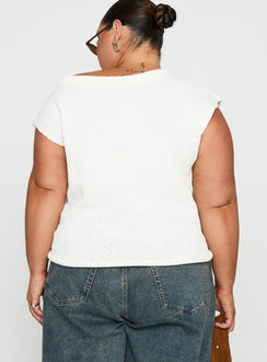 back view of model wearing Princess Polly Ashfield Off Shoulder Top White Curve Short Sleeves Asymmetric Neckline 