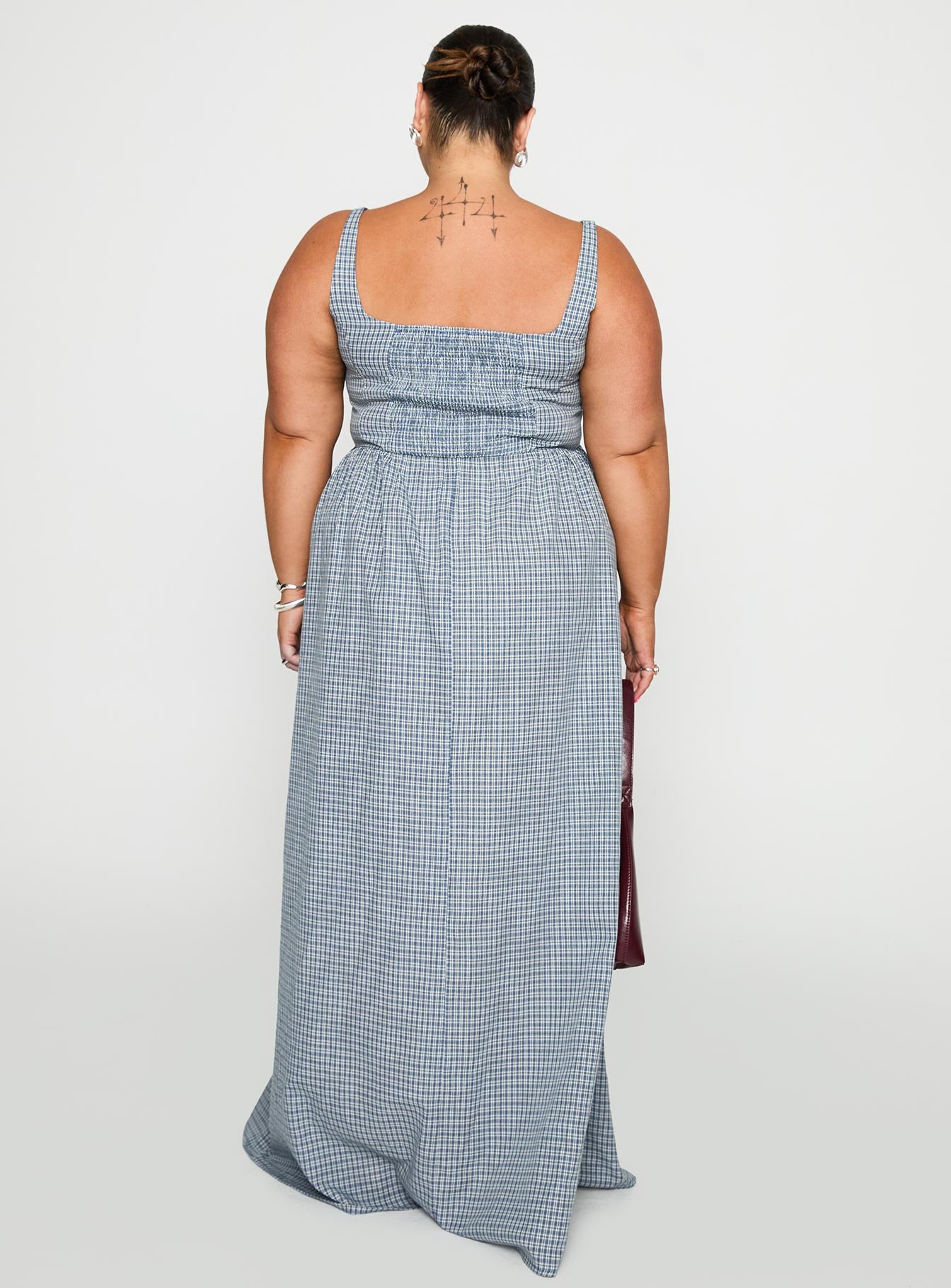 back view of model wearing Princess Polly Cartmel Check Maxi Dress Navy Curve Square Neck 