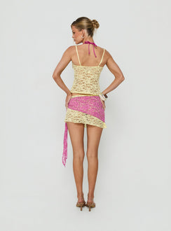 Presenting the Sirna Lace Wrap Contrast Mini Skirt Lime / Pink womens-skirts mini back view of model wearing Princess Polly
