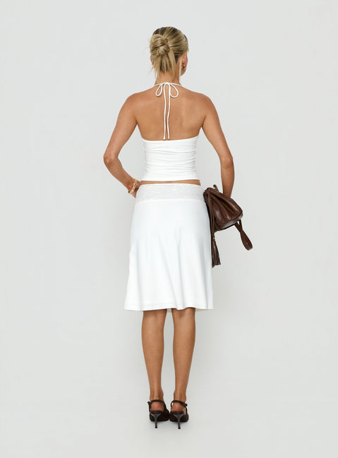 Featuring the Zenaide Lace Detail Midi Skirt White womens-skirts with midi length back view of model wearing Princess Polly