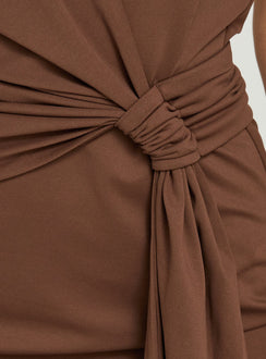 Amiamora Plunge Halter Scarf Mini Dress Brown