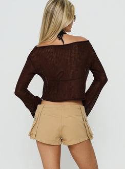 Presenting the Cafe Pari Sweater Chocolate womens jumpers in short length back view of model wearing Princess Polly