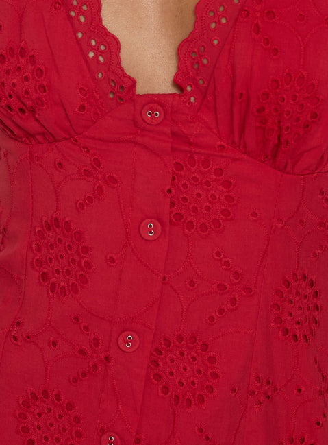 Gabbey Anglaise V Neck Mini Dress Tomato Red