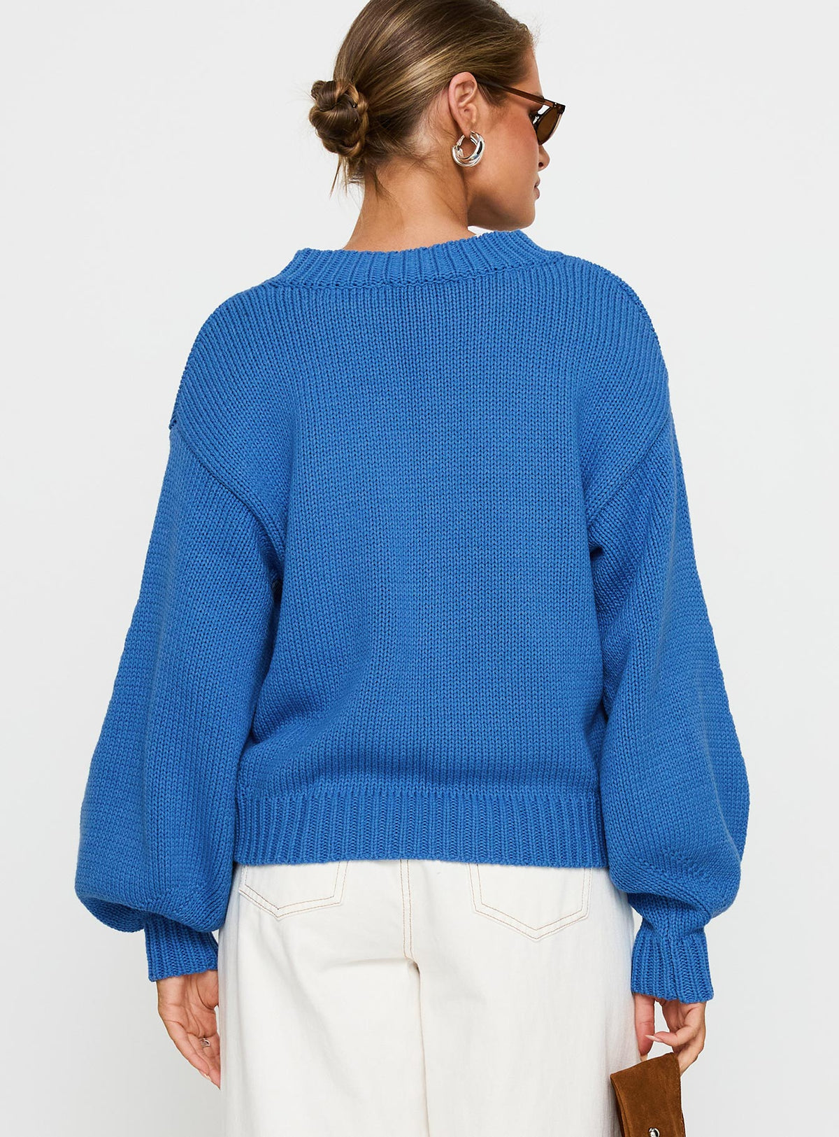 Displaying the Harmony Balloon Sleeve Knit Sweater Blue womens jumpers in short length back view of model wearing Princess Polly
