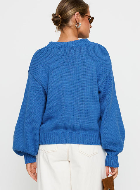 Displaying the Harmony Balloon Sleeve Knit Sweater Blue womens jumpers in short length back view of model wearing Princess Polly