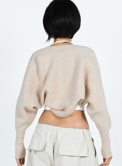 back view of model wearing Princess Polly Aviana Cardigan Beige Marle cropped Jumpers 