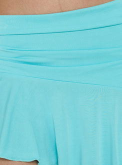 The Miyana Asymmetrical Mini Skirt Cyan womens-skirts with fitted construction and ruched elements Princess Polly