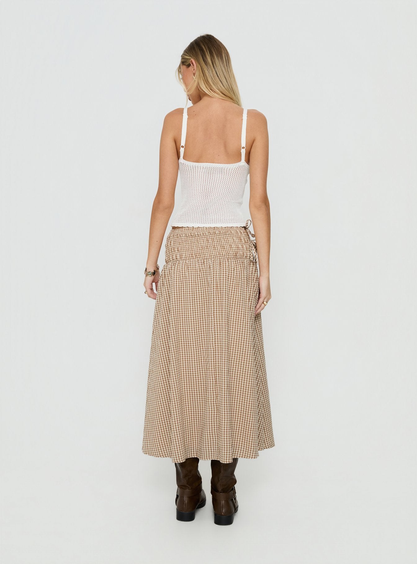 Styled with the Vence Ruched Maxi Skirt Brown Gingham in womens-skirts with checkered print and relaxed a-line shape back view of model wearing Princess Polly