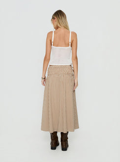 Styled with the Vence Ruched Maxi Skirt Brown Gingham in womens-skirts with checkered print and relaxed a-line shape back view of model wearing Princess Polly