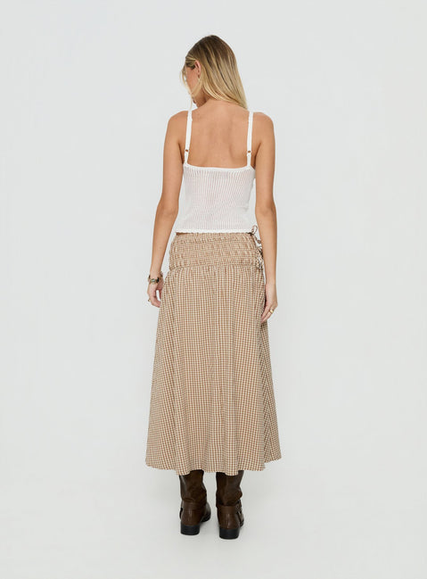 Styled with the Vence Ruched Maxi Skirt Brown Gingham in womens-skirts with checkered print and relaxed a-line shape back view of model wearing Princess Polly