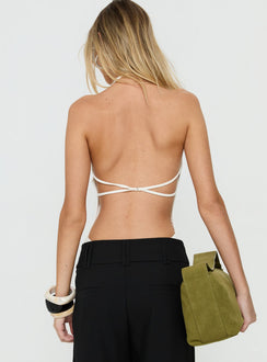 Showcasing the Cacilie Plunge Shell Bodysuit White in sleeveless halter design back view of model wearing Princess Polly