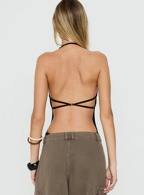 Showcasing the Cacilie Plunge Shell Bodysuit Black in womens-bodysuit designed with sleeveless silhouette back view of model wearing Princess Polly