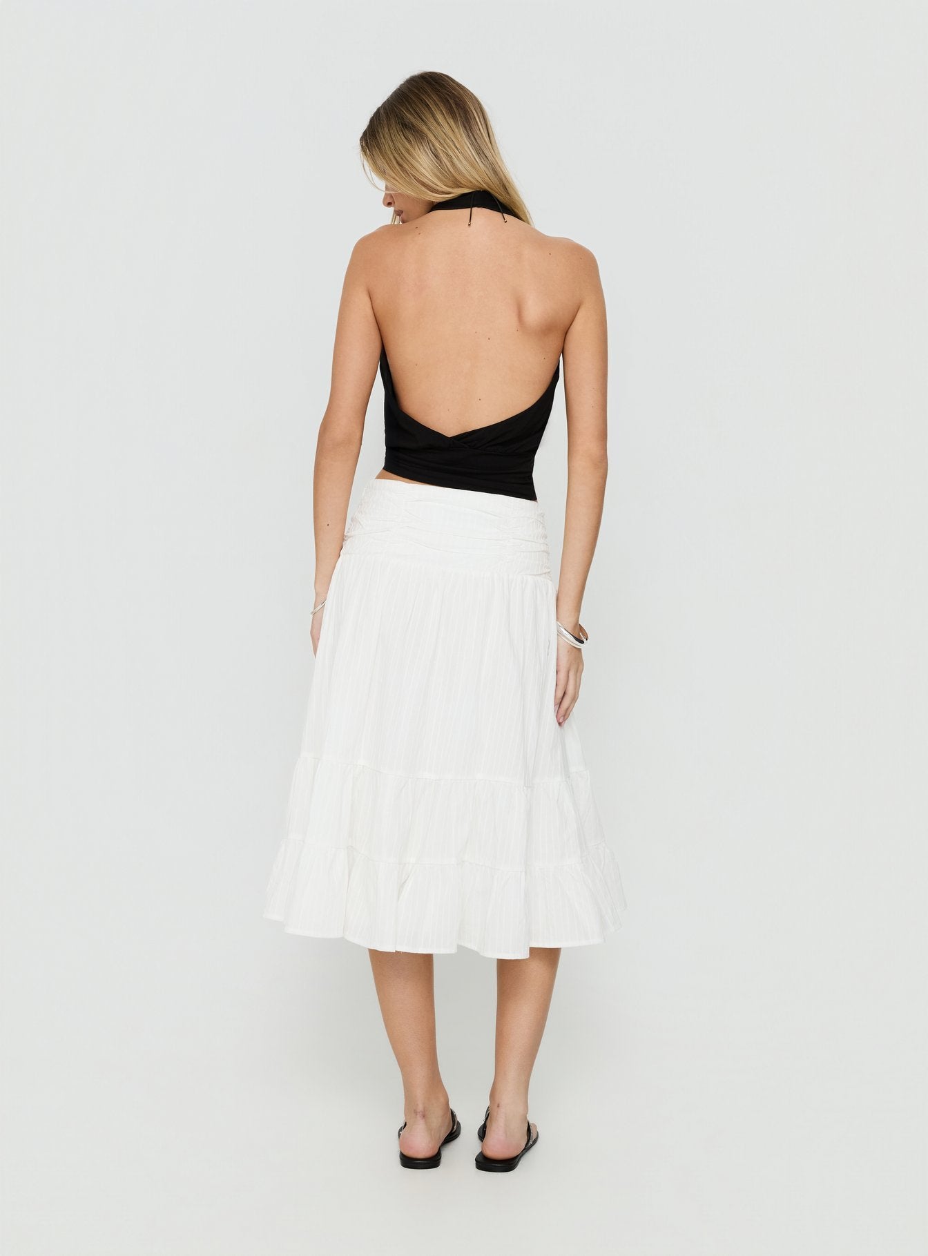 Explore the Silver Springs Midi Skirt White in womens-skirts with midi length back view of model wearing Princess Polly