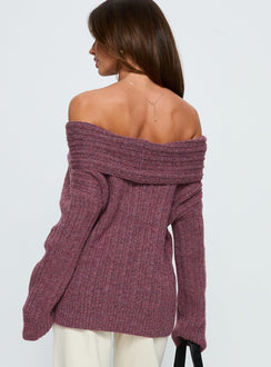 back view of model wearing Princess Polly Snowie Off Shoulder Knit Sweater Burgundy Longline Jumpers Jumpers 