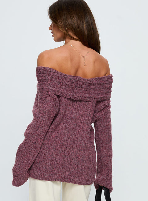 back view of model wearing Princess Polly Snowie Off Shoulder Knit Sweater Burgundy Longline Jumpers Jumpers 