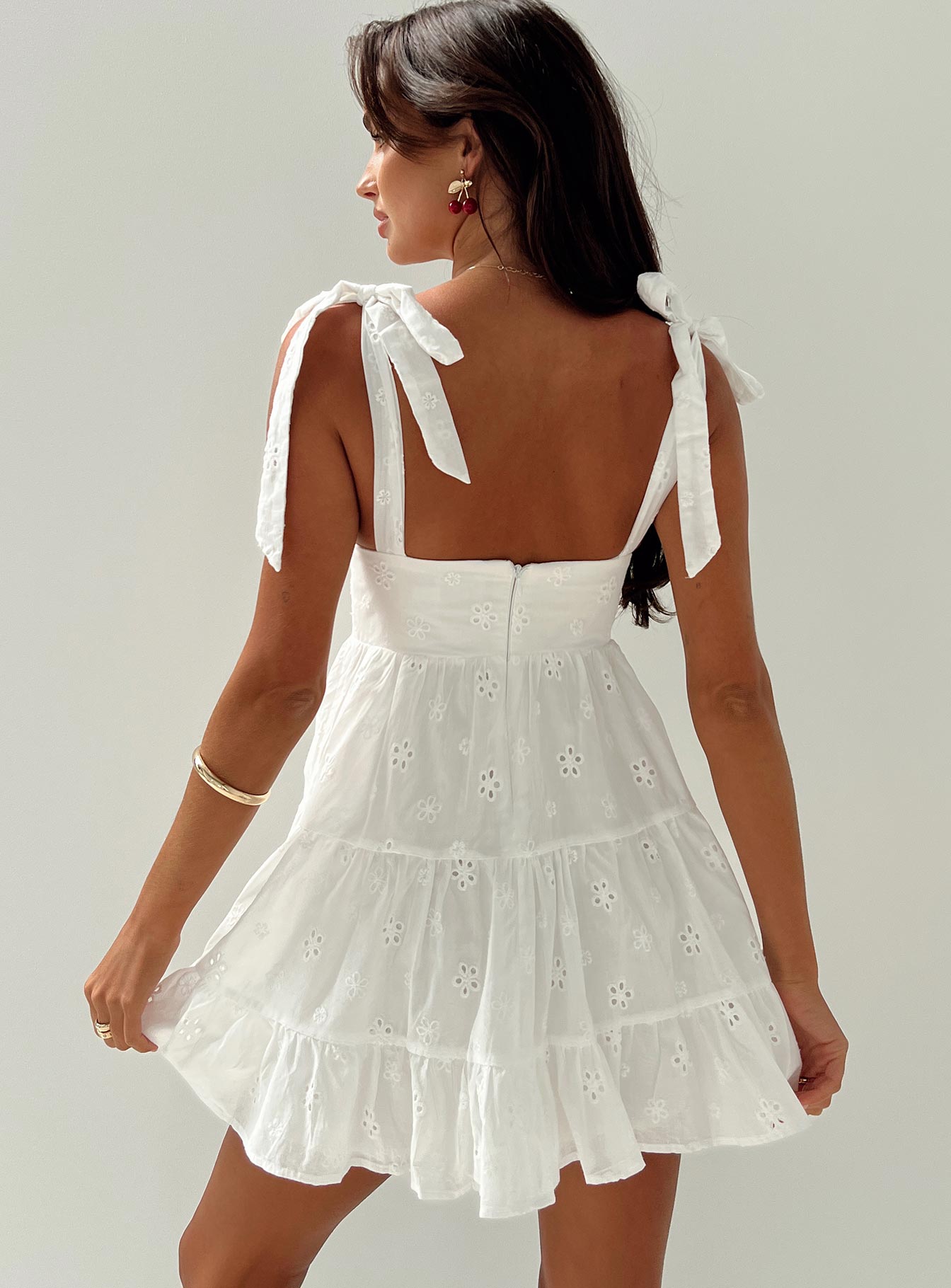 back view of model wearing Princess Polly Galvis Mini Dress White Tall Plunger 