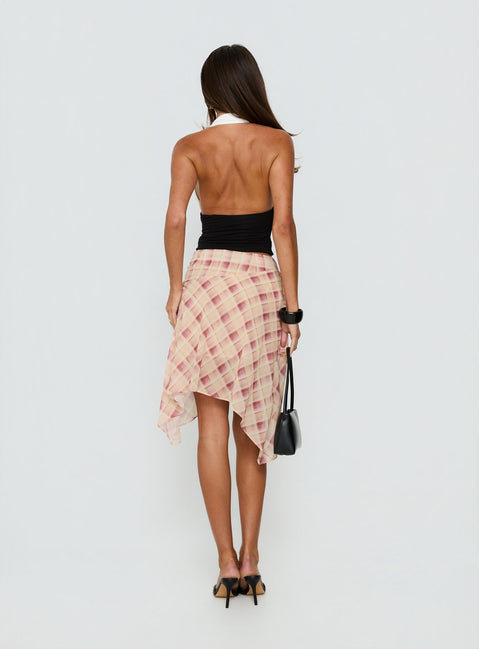 back view of model wearing Princess Polly Natana Asymmetrical Midi Skirt Multi Check 