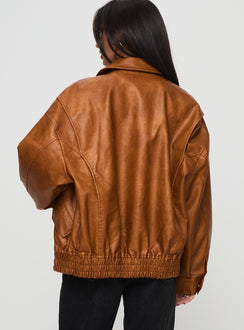 Faux leather bomber jacket Classic collar, zip & button fastening down front, twin hip pockets with press button fastening, elasticated waistband, single button cuff Non-stretch material, fully lined
