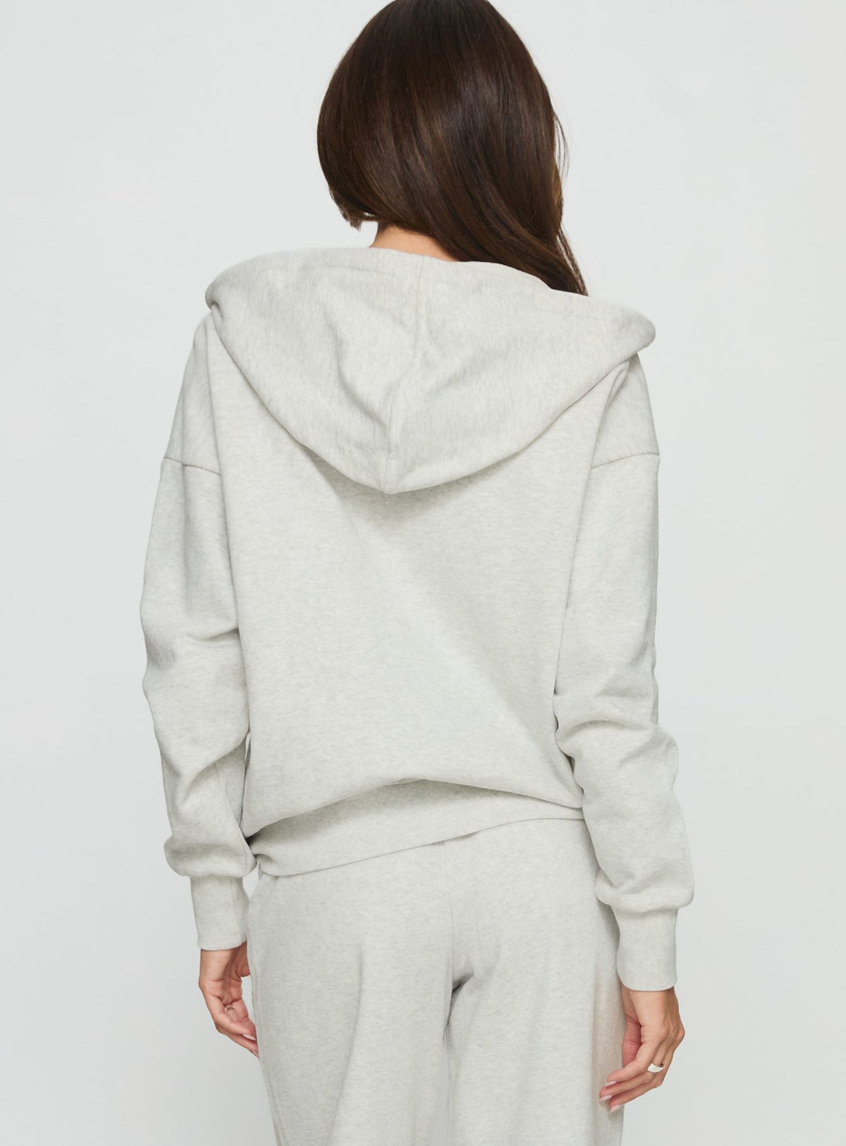 back view of model wearing Princess Polly All Day Oversized Hoodie Grey Marle cropped Jumpers 