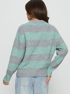 back view of model wearing Princess Polly Queena Zip Through Knit Sweater Grey / Blue Stripe Cropped Jumpers 