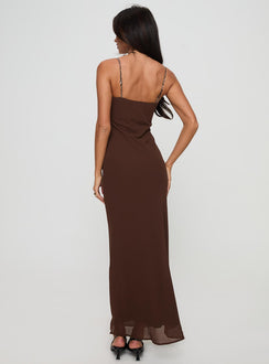 back view of model wearing Princess Polly Moorey Maxi Dress Brown Plunger 