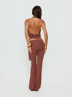 back view of model wearing Princess Polly Daily Define Tie Waist Pants Brown Low Rise Pants 