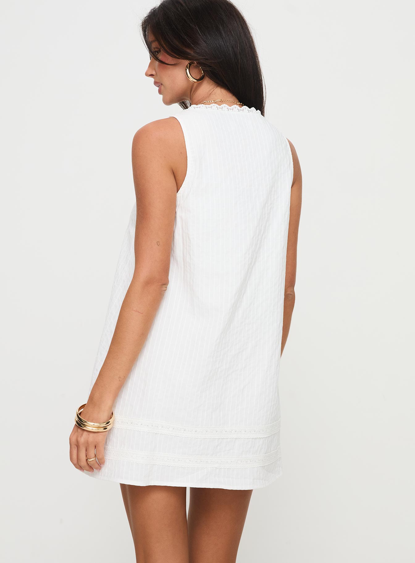 back view of model wearing Princess Polly Alanah Mini Dress White Petite Square Neck 
