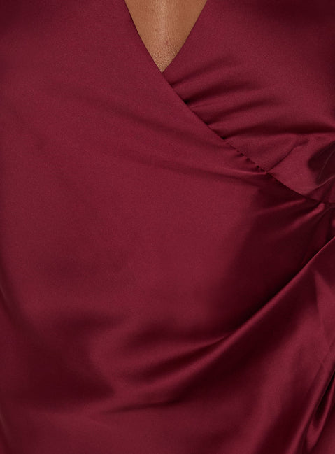 Landree Wrap Halter Satin Mini Dress Burgundy