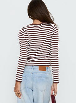 back view of model wearing Princess Polly Elcie Button Up Cardigan Brown Stripe Cropped Jumpers 