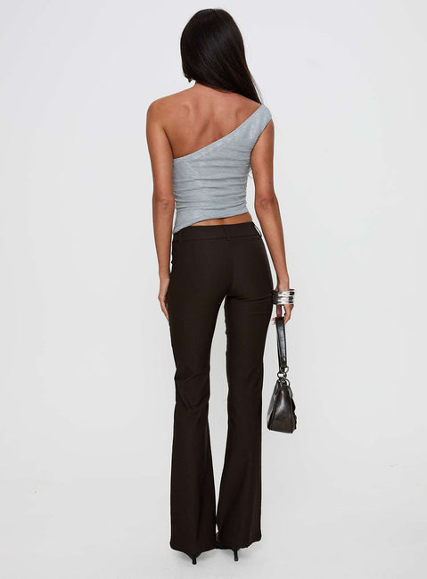 back view of model wearing Princess Polly Kinkirk Flared Pants Chocolate Low Rise Pants 