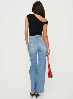 back view of model wearing Princess Polly Henesey High Rise Straight Leg Jeans Mid Blue Wash High Rise Jeans Jeans 
