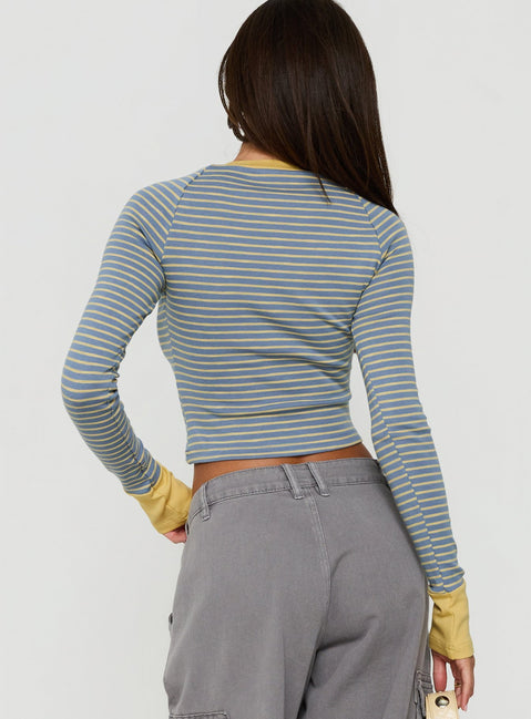 Aeriella Long Sleeve Raglan V Neck Top Blue / Yellow Stripe